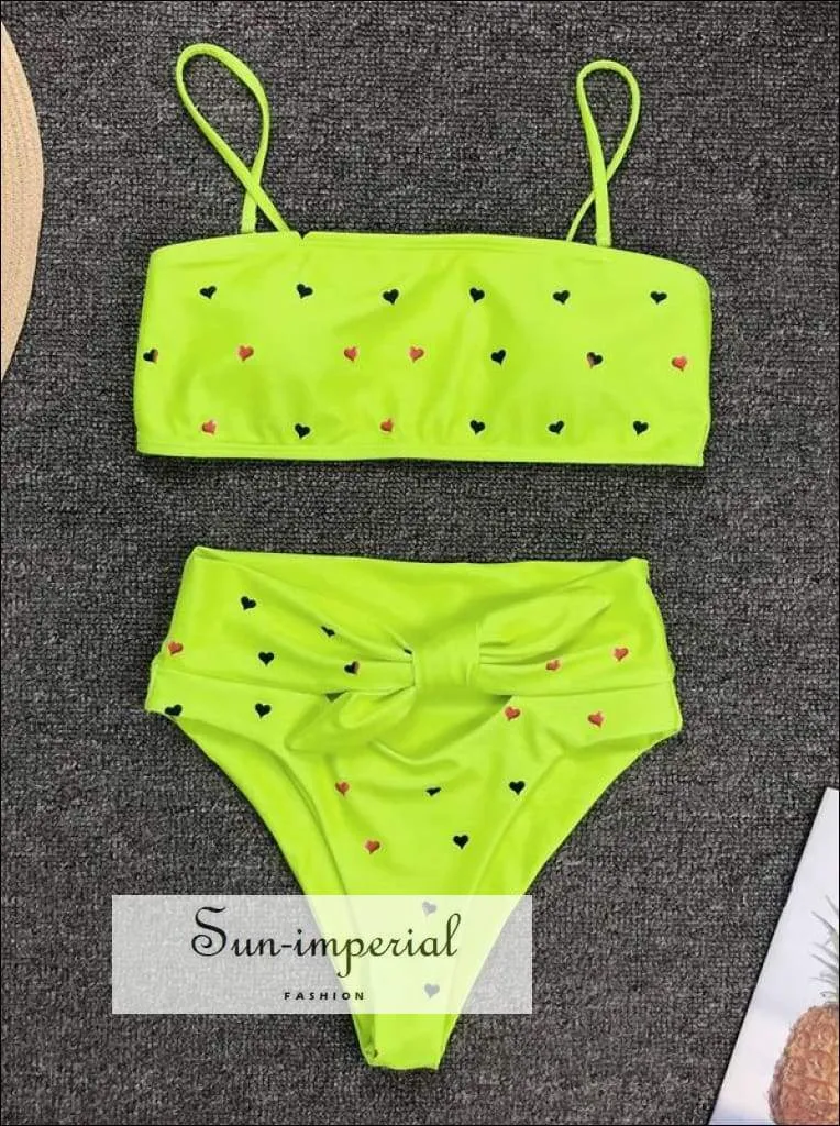 2 Piece Swimsuit Bandeau Bikini High Waisted - Pink with Red Hearts Print