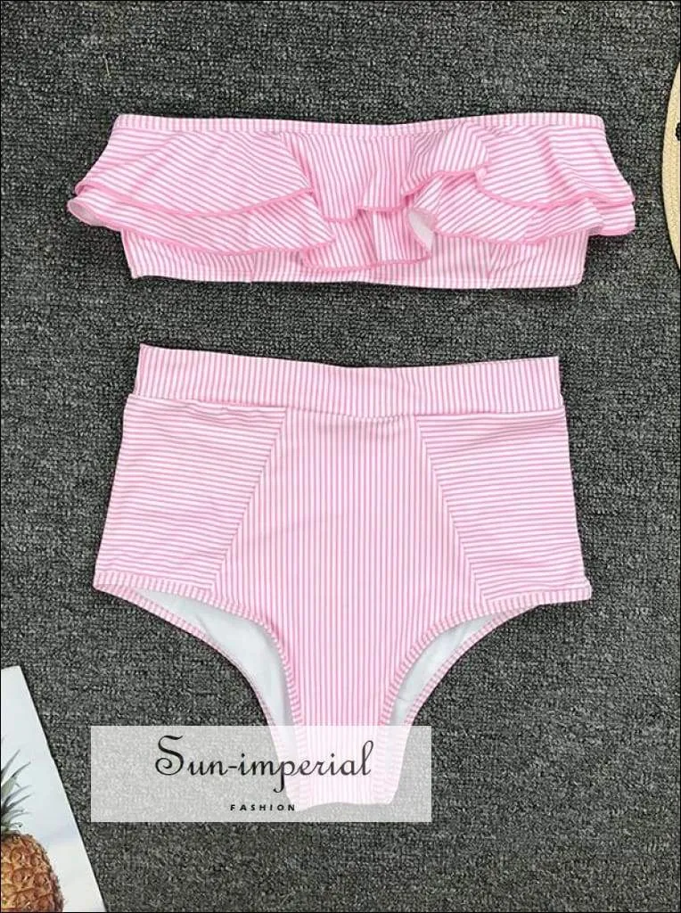 2 Piece Swimsuit Bandeau Bikini High Waisted - Pink with Red Hearts Print