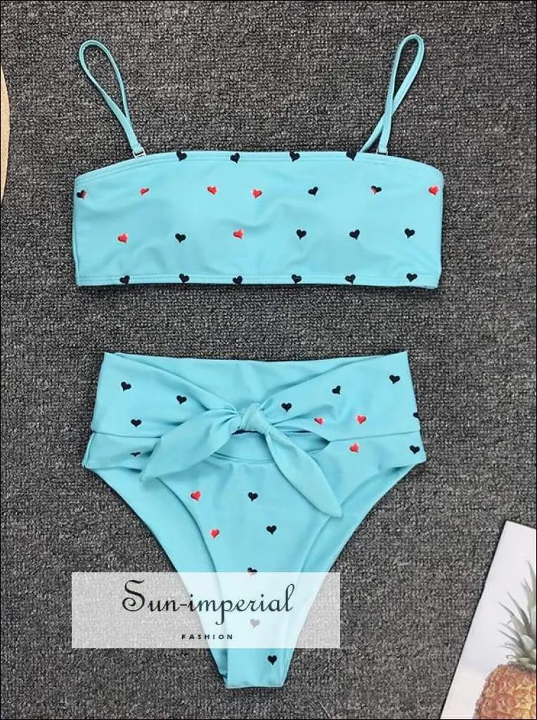 2 Piece Swimsuit Bandeau Bikini High Waisted - Pink with Red Hearts Print