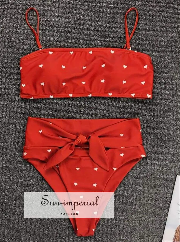 2 Piece Swimsuit Bandeau Bikini High Waisted - Pink with Red Hearts Print