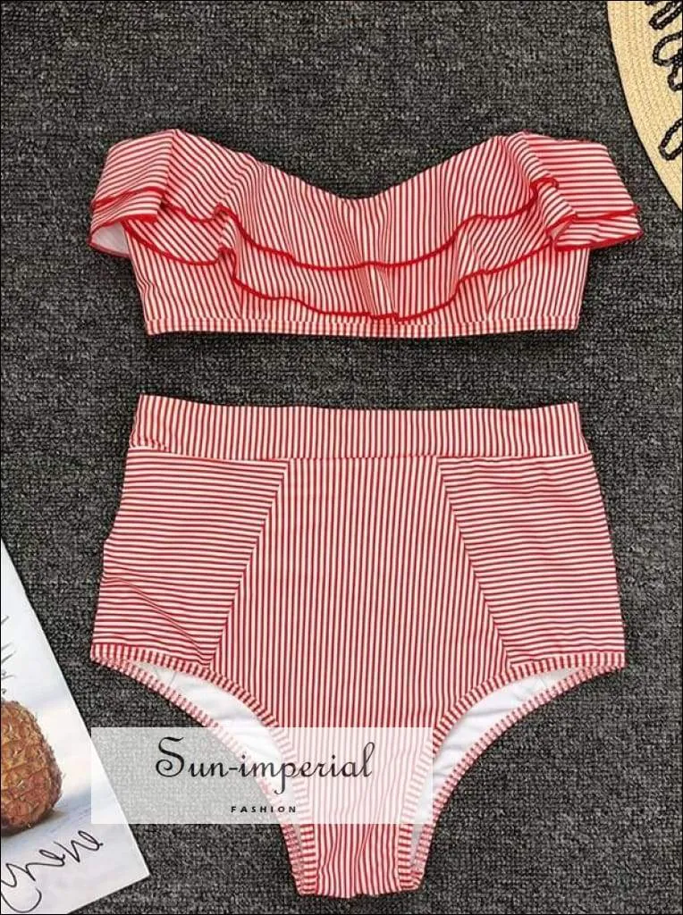 2 Piece Swimsuit Bandeau Bikini High Waisted - Pink with Red Hearts Print