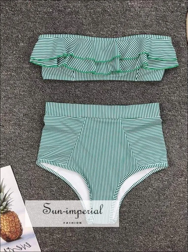 2 Piece Swimsuit Bandeau Bikini High Waisted - Pink with Red Hearts Print