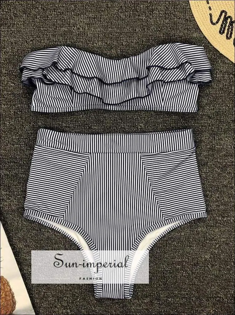 2 Piece Swimsuit Bandeau Bikini High Waisted - Pink with Red Hearts Print