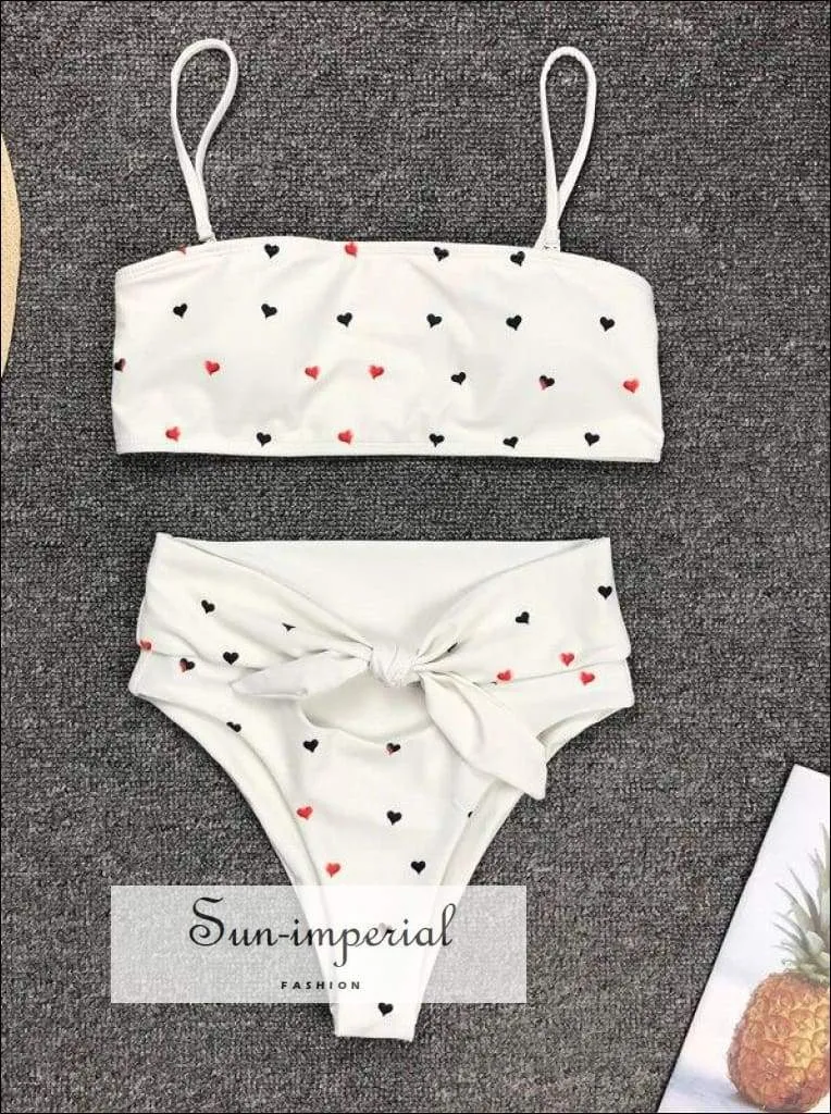 2 Piece Swimsuit Bandeau Bikini High Waisted - Pink with Red Hearts Print
