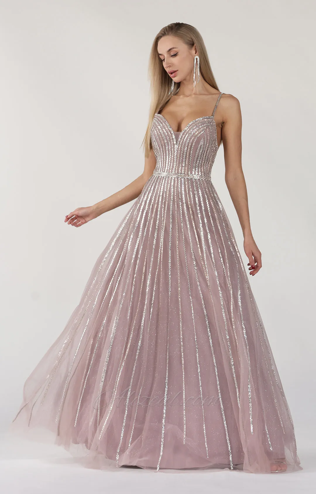 A-Line V-Neck Open Back Spaghetti Straps Rhinestone Floor-Length Dress