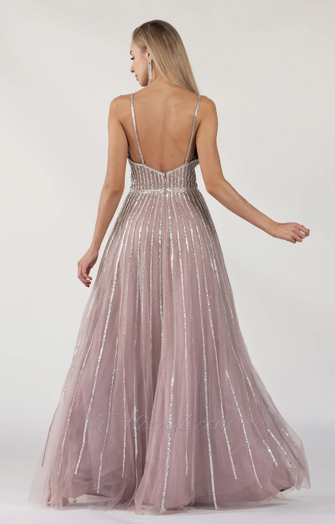 A-Line V-Neck Open Back Spaghetti Straps Rhinestone Floor-Length Dress