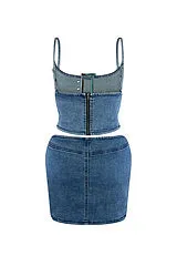 Adjustable buckle elastic casual denim suit AY3394