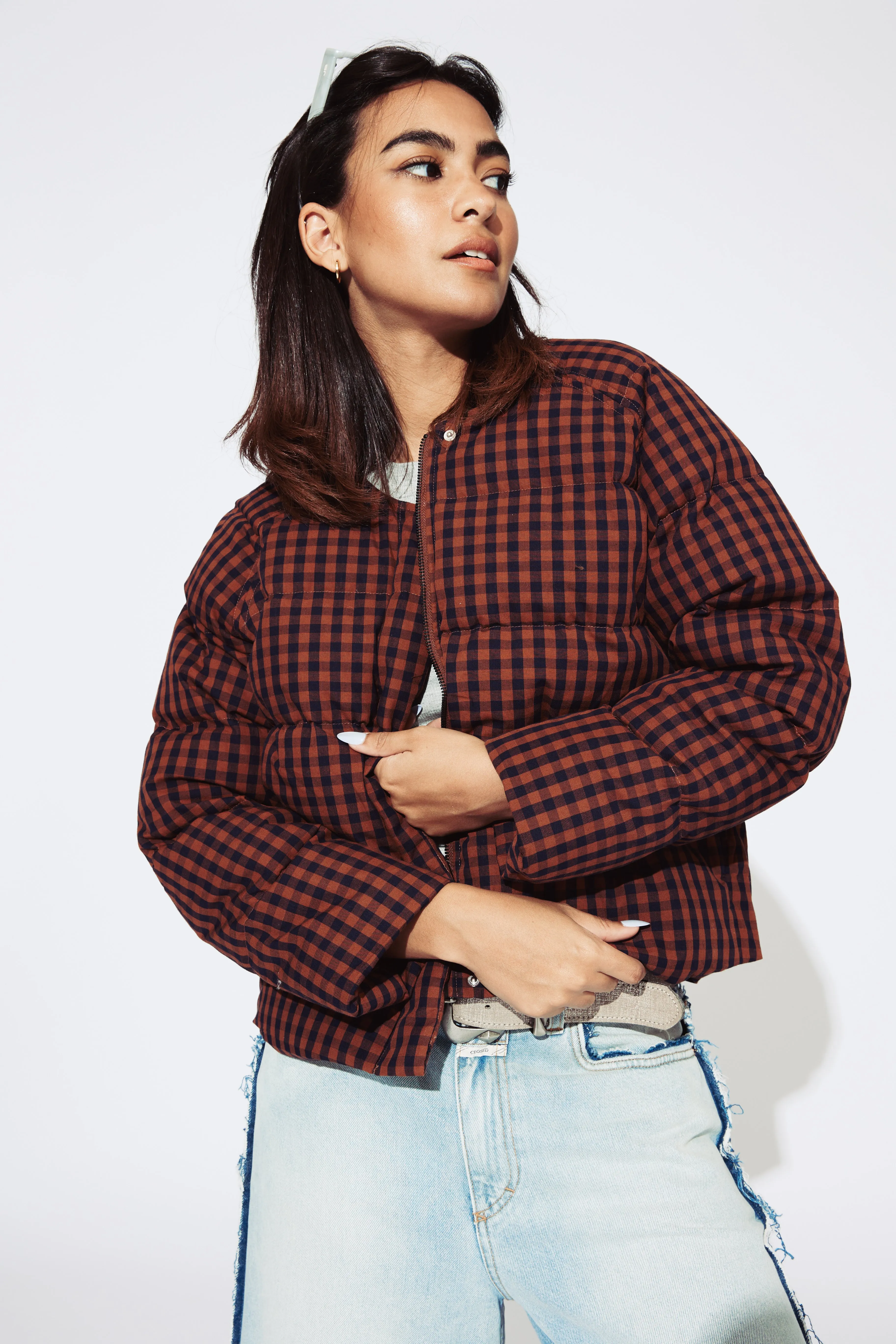 Ali Golden Puffer Jacket - Rust / Navy Gingham