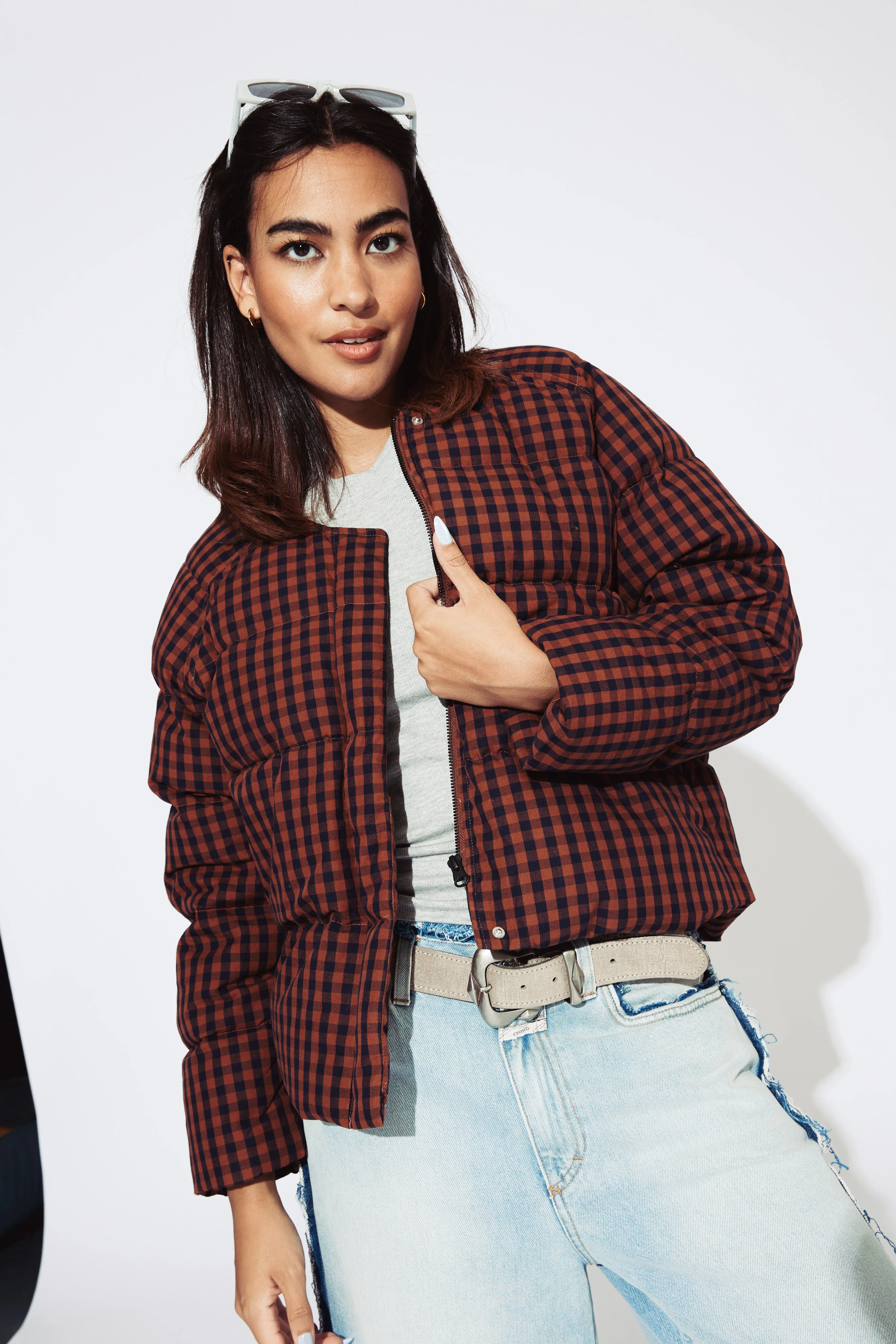 Ali Golden Puffer Jacket - Rust / Navy Gingham