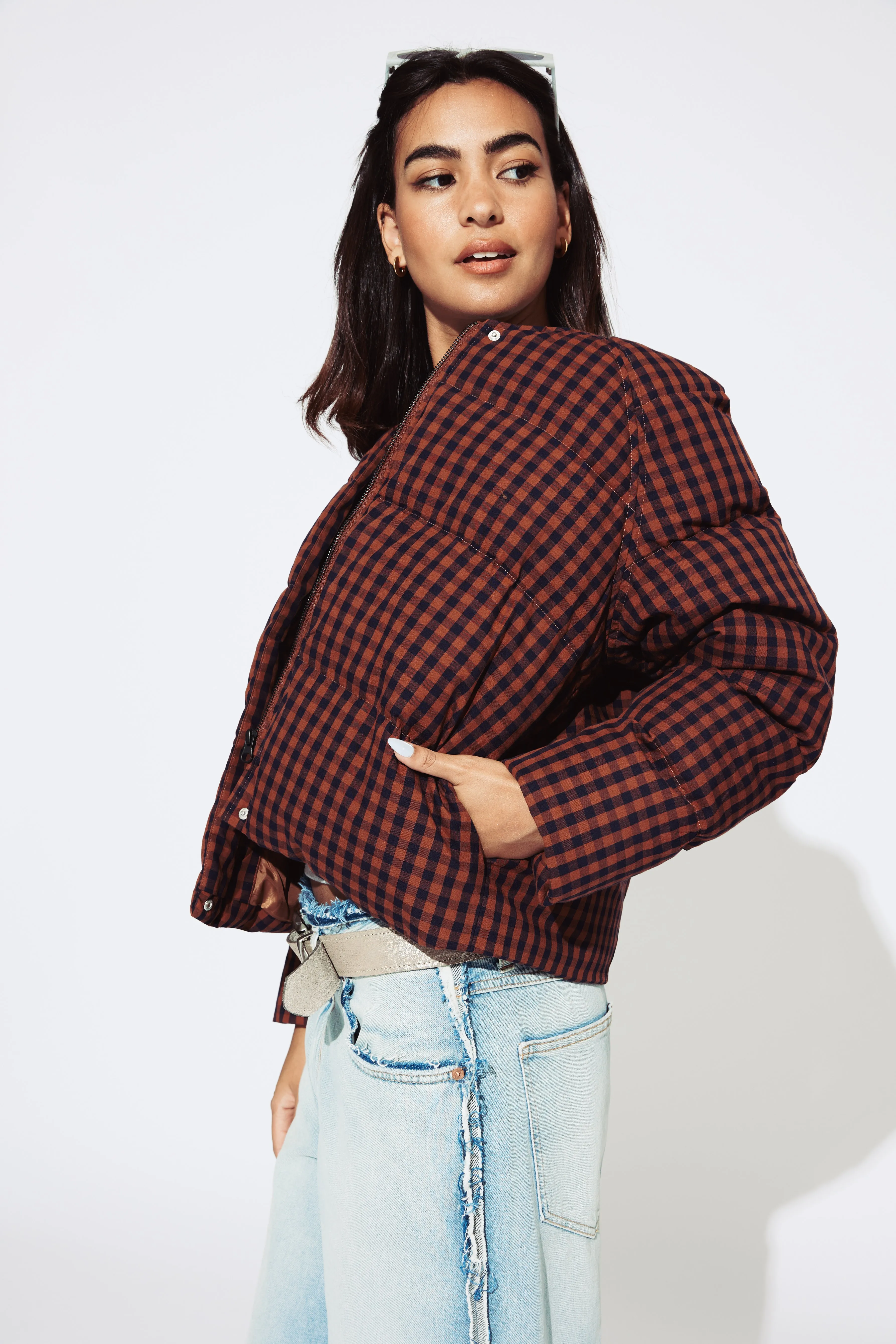 Ali Golden Puffer Jacket - Rust / Navy Gingham