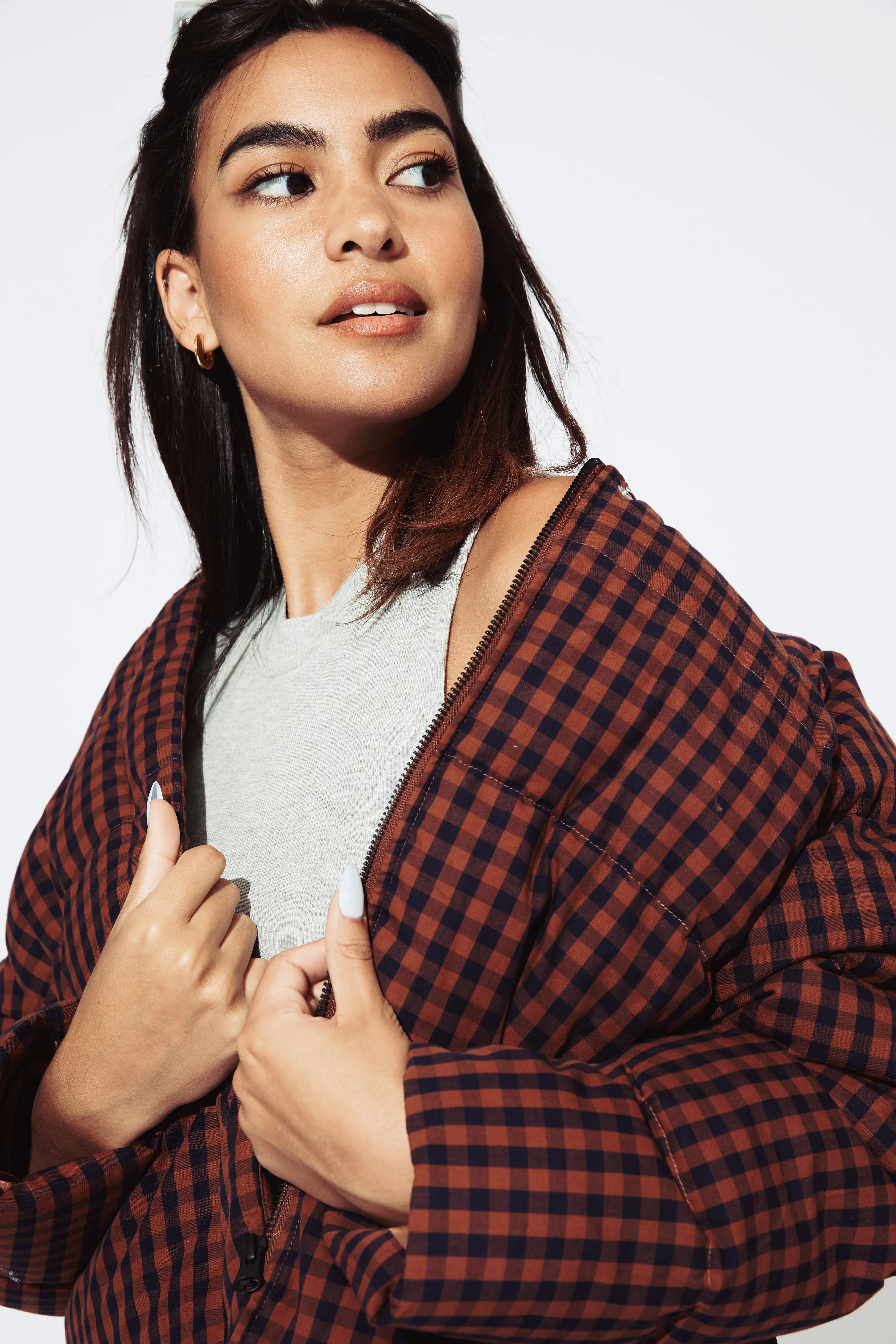 Ali Golden Puffer Jacket - Rust / Navy Gingham