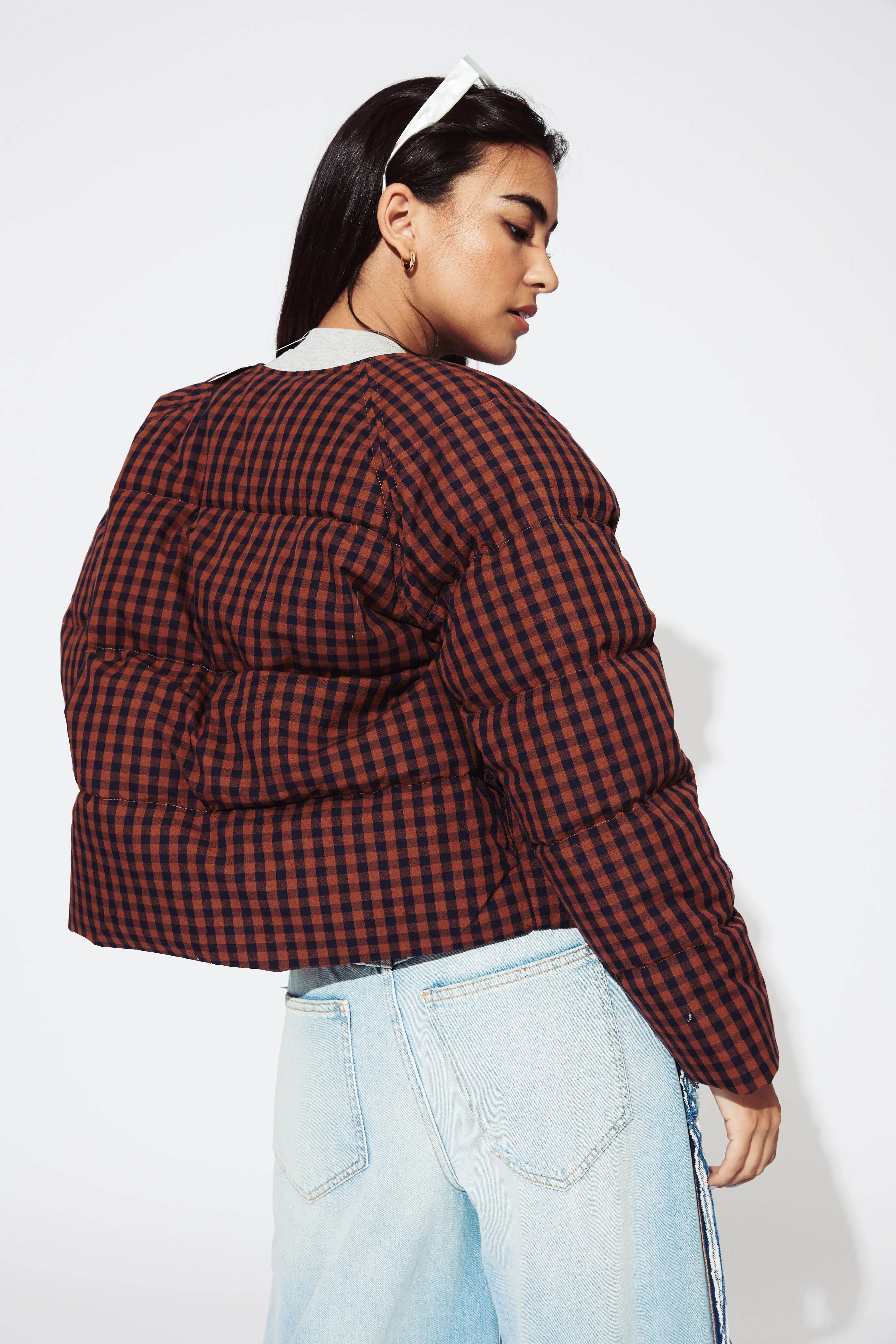 Ali Golden Puffer Jacket - Rust / Navy Gingham