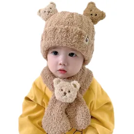 Babymoon Winter Bear Fleece Soft Baby Cap Hat with Scarf Boy’s Girls Kids Cap Hat Headwear | Brown | 0-3 Yr