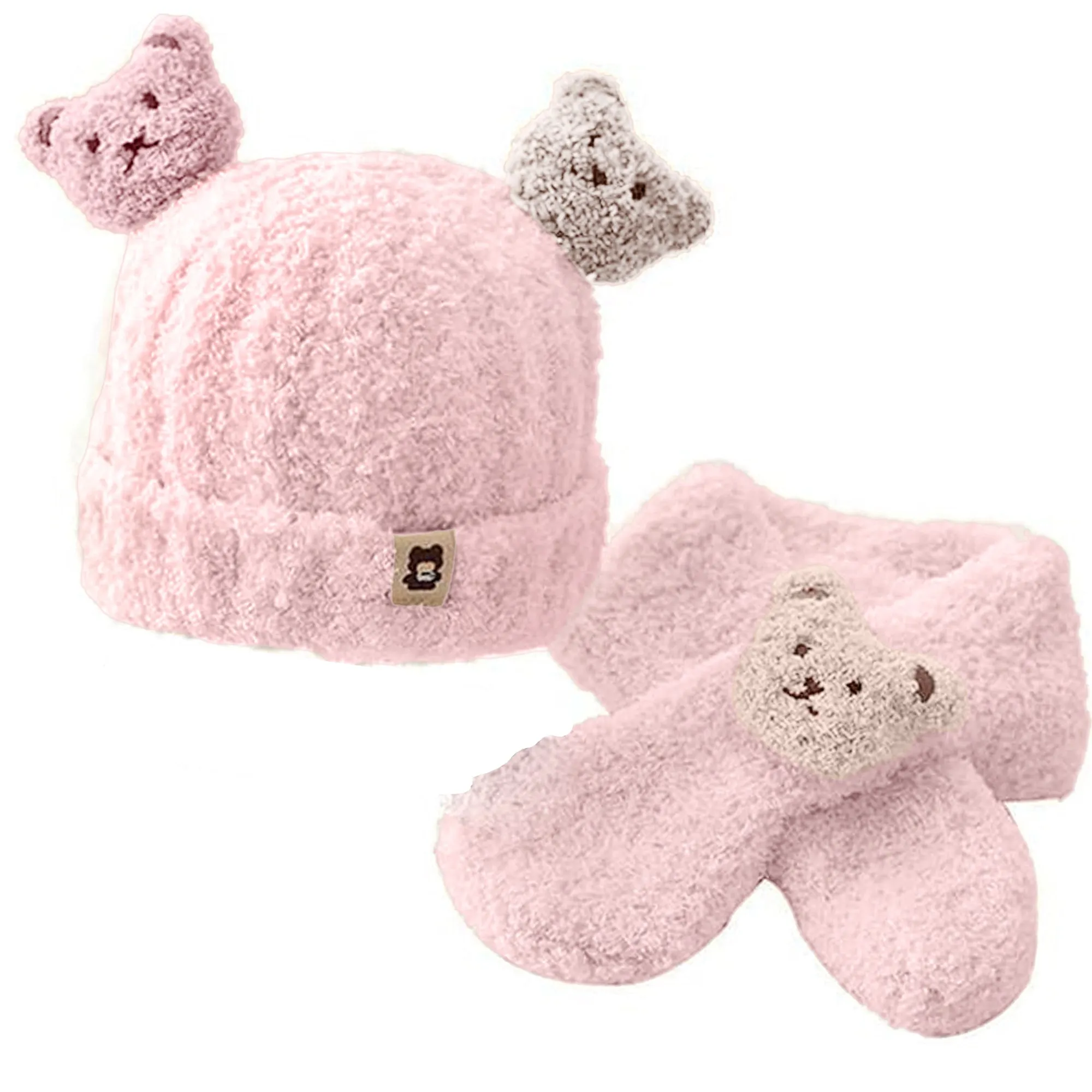 Babymoon Winter Bear Fleece Soft Baby Cap Hat with Scarf Boy’s Girls Kids Cap Hat Headwear | Pink | 0-3 Yr