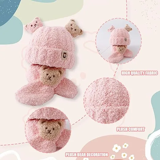 Babymoon Winter Bear Fleece Soft Baby Cap Hat with Scarf Boy’s Girls Kids Cap Hat Headwear | Pink | 0-3 Yr