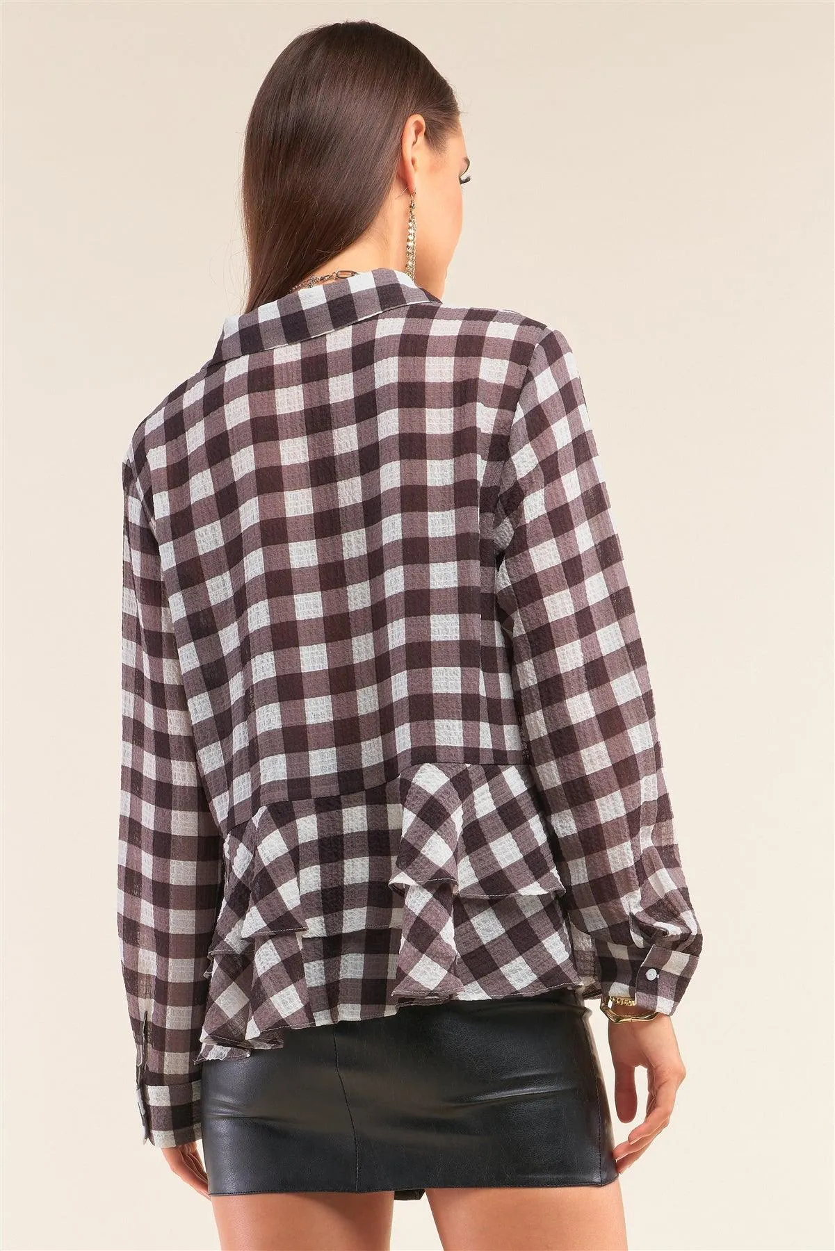 Back To School Checkered Crinkle Mesh Collared Button Down Flare Hem Shirt