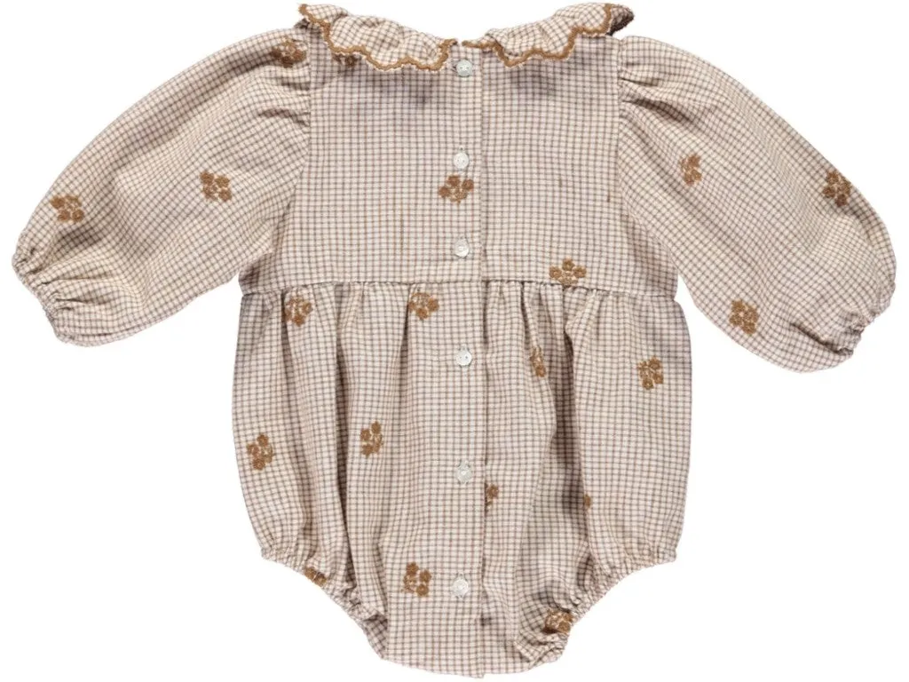 BEBE ORGANIC SAND CHECKERED FLORAL SCALLOP COLLAR ROMPER
