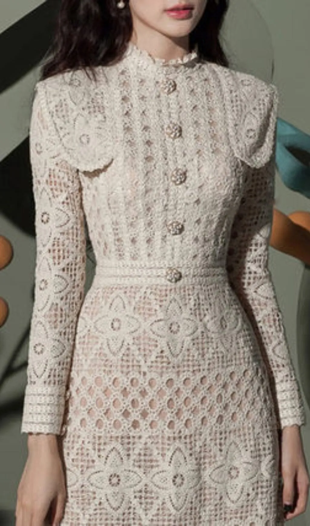 BEIGE EMBROIDERY BREASTED MIDI DRESS