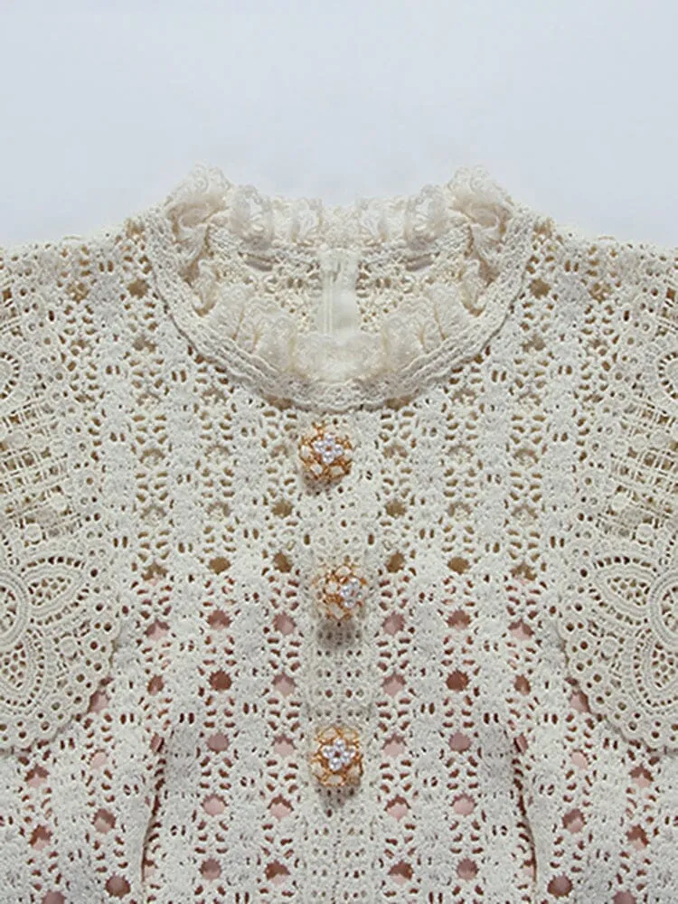 BEIGE EMBROIDERY BREASTED MIDI DRESS