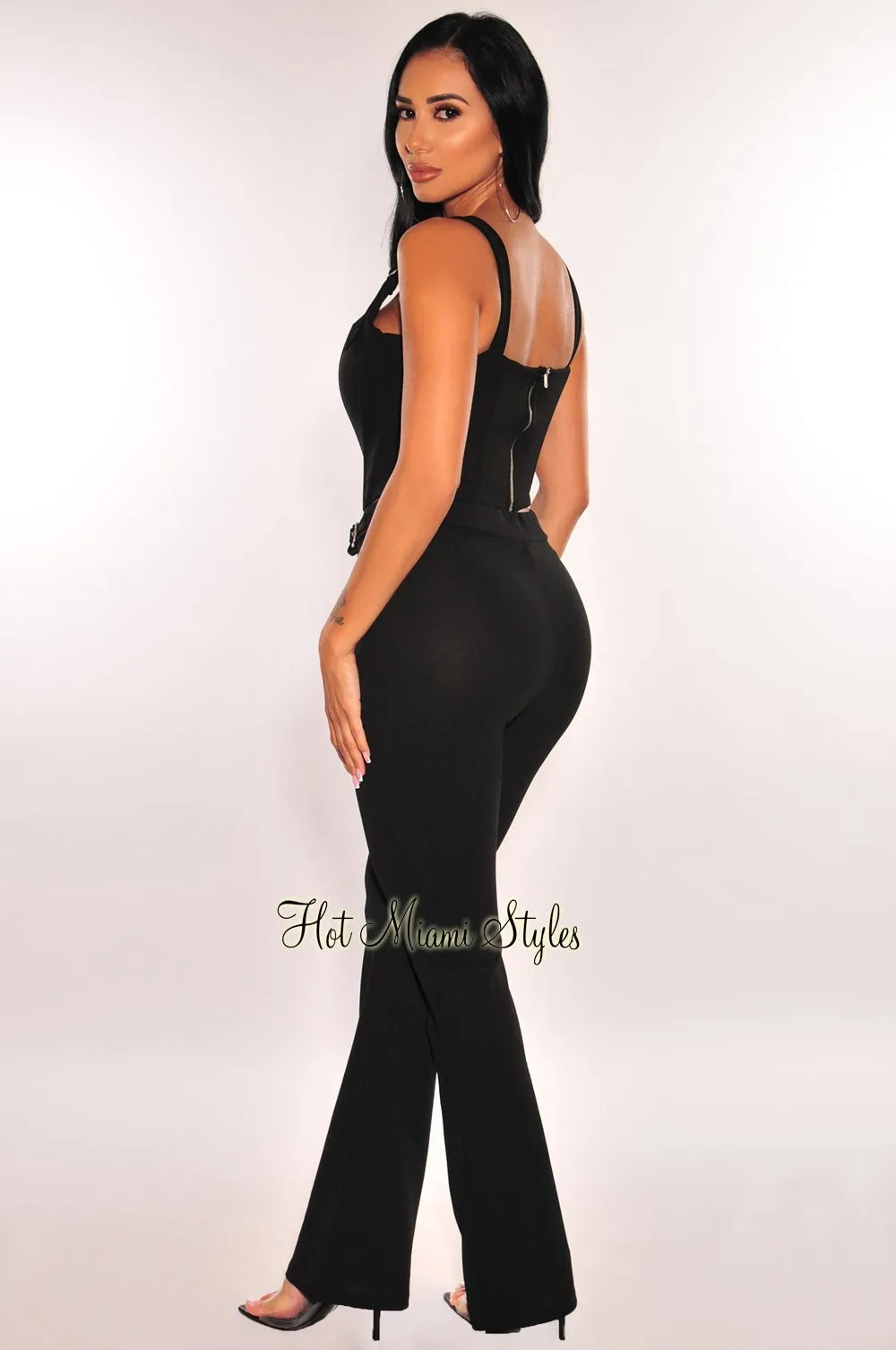 Black Corset Boned Sleeveless Buckle Wide Leg Pants Two Piece Set