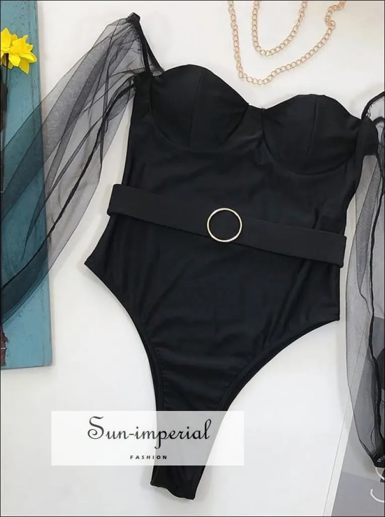 Black Corset Style One Piece Swimsuit with Long sheer sleeve  Detail and Buckle Belt Backless Swimsuit - Multi Colors