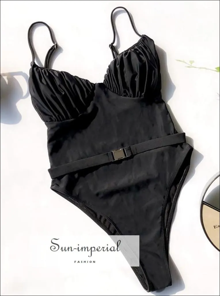 Black Corset Style One Piece Swimsuit with Long sheer sleeve  Detail and Buckle Belt Backless Swimsuit - Multi Colors
