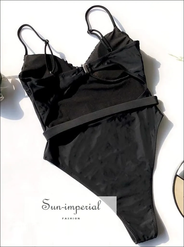 Black Corset Style One Piece Swimsuit with Long sheer sleeve  Detail and Buckle Belt Backless Swimsuit - Multi Colors