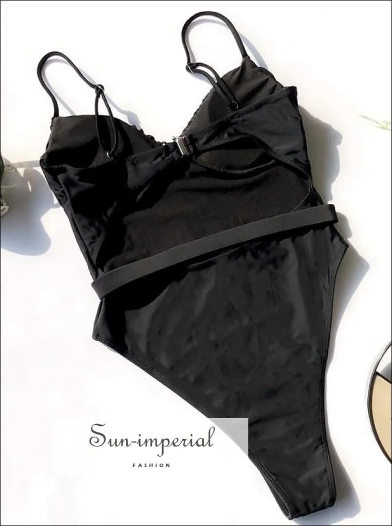 Black Corset Style One Piece Swimsuit with Long sheer sleeve  Detail and Buckle Belt Backless Swimsuit - Multi Colors