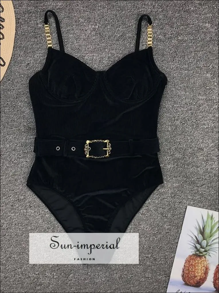 Black Corset Style One Piece Swimsuit with Long sheer sleeve  Detail and Buckle Belt Backless Swimsuit - Multi Colors