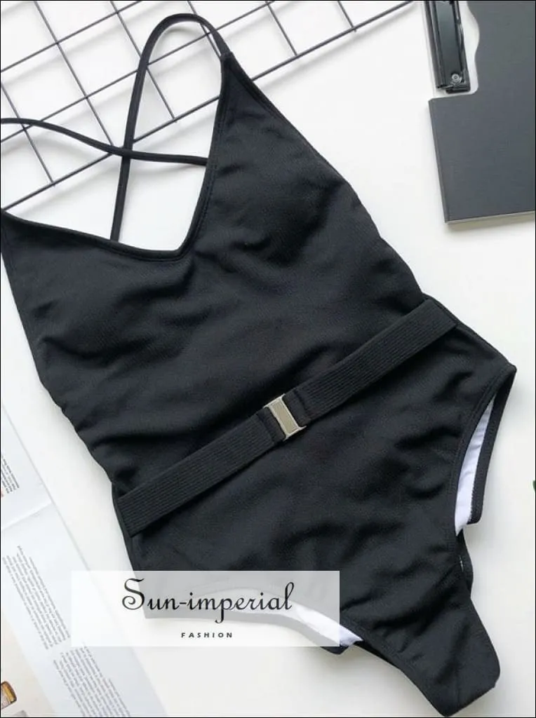 Black Corset Style One Piece Swimsuit with Long sheer sleeve  Detail and Buckle Belt Backless Swimsuit - Multi Colors