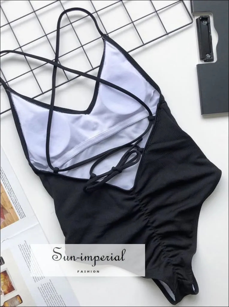 Black criss cross back One Piece Swimsuit with Buckle Belt Backless Swimsuit - Multi Colors
