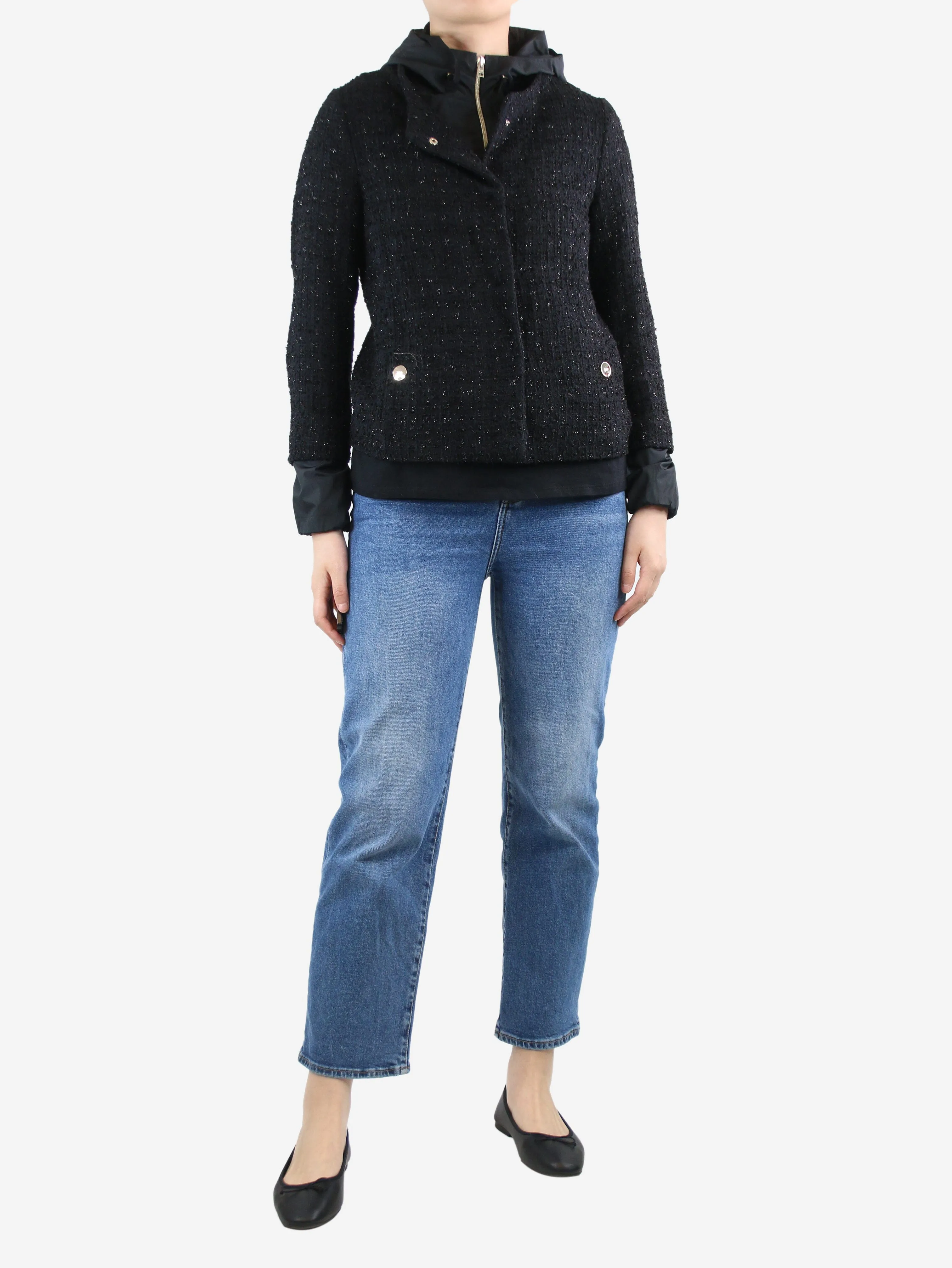 Black hooded tweed lurex jacket - size UK 8