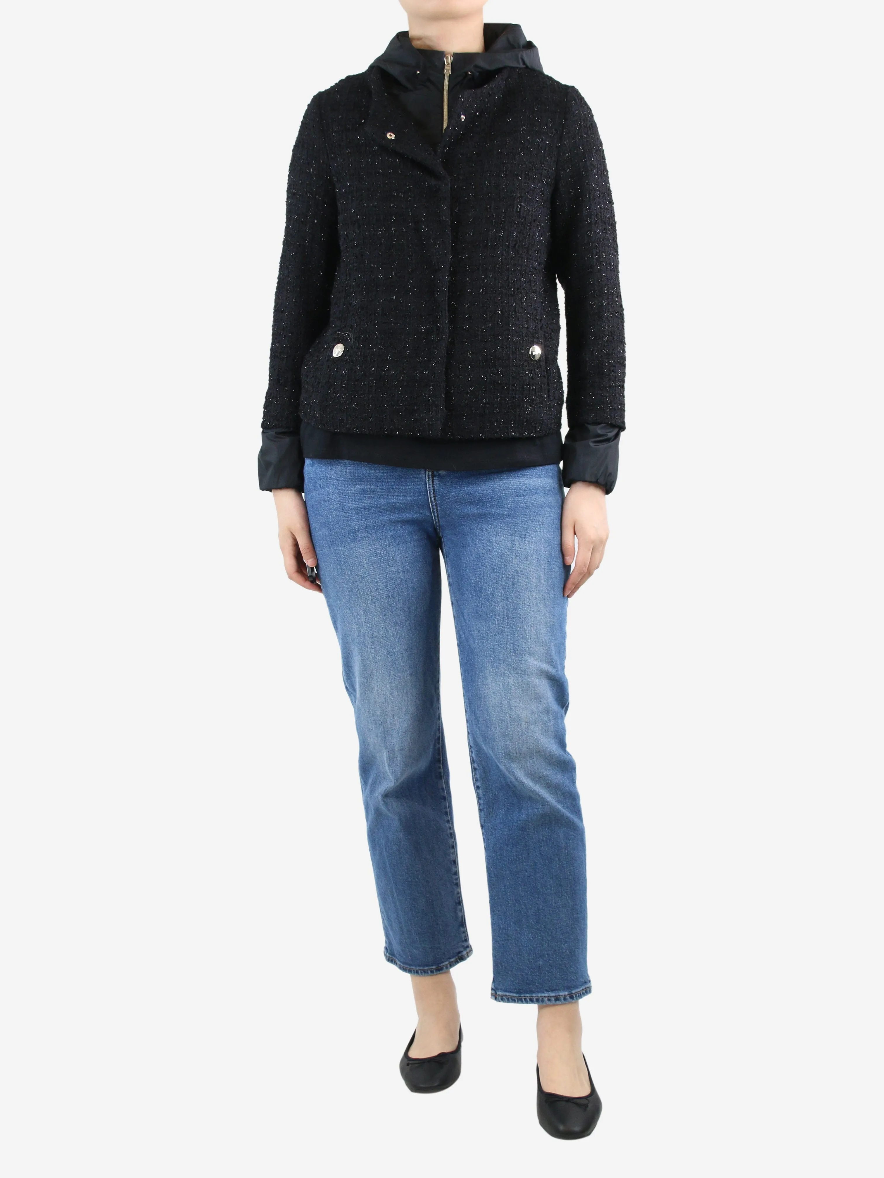 Black hooded tweed lurex jacket - size UK 8