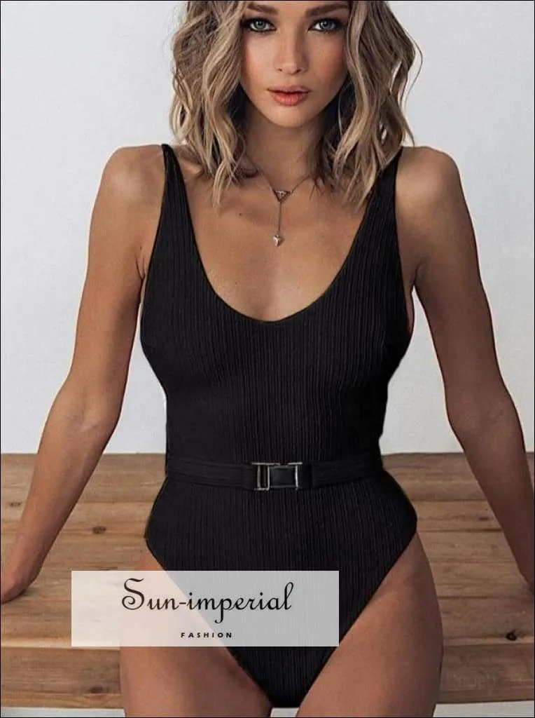 Black Solid One Piece Swimsuit with Buckle Belt Backless Swimsuit