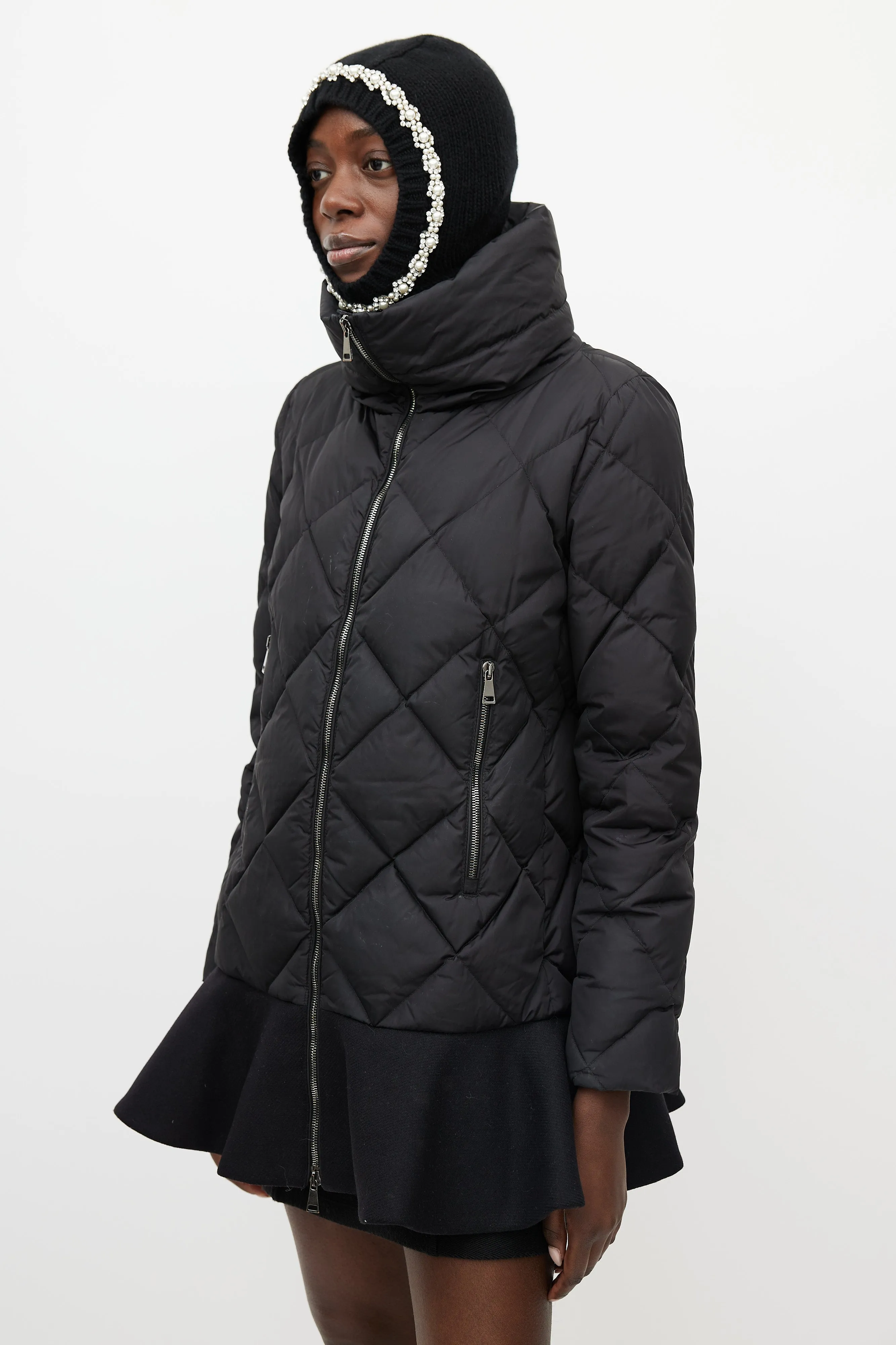 Black Vouglans Down Ruffled Puffer Jacket