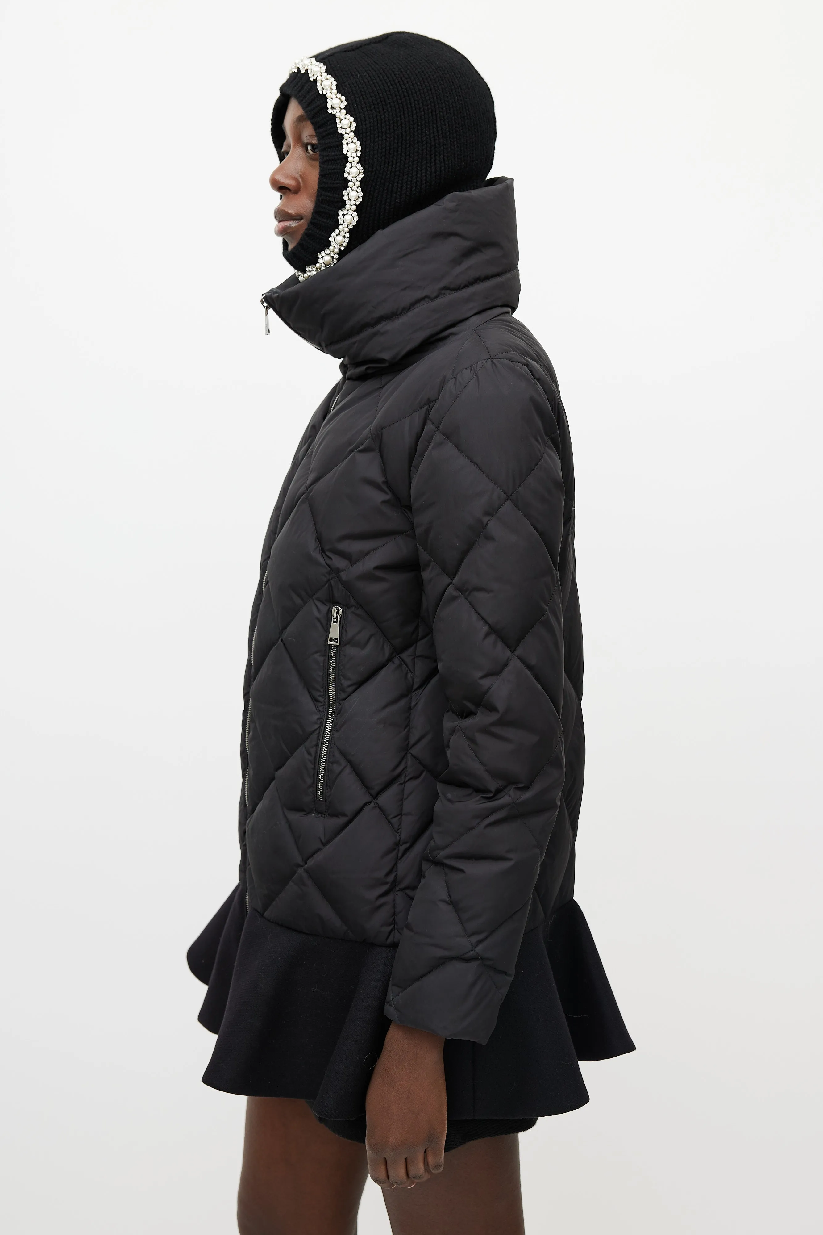 Black Vouglans Down Ruffled Puffer Jacket
