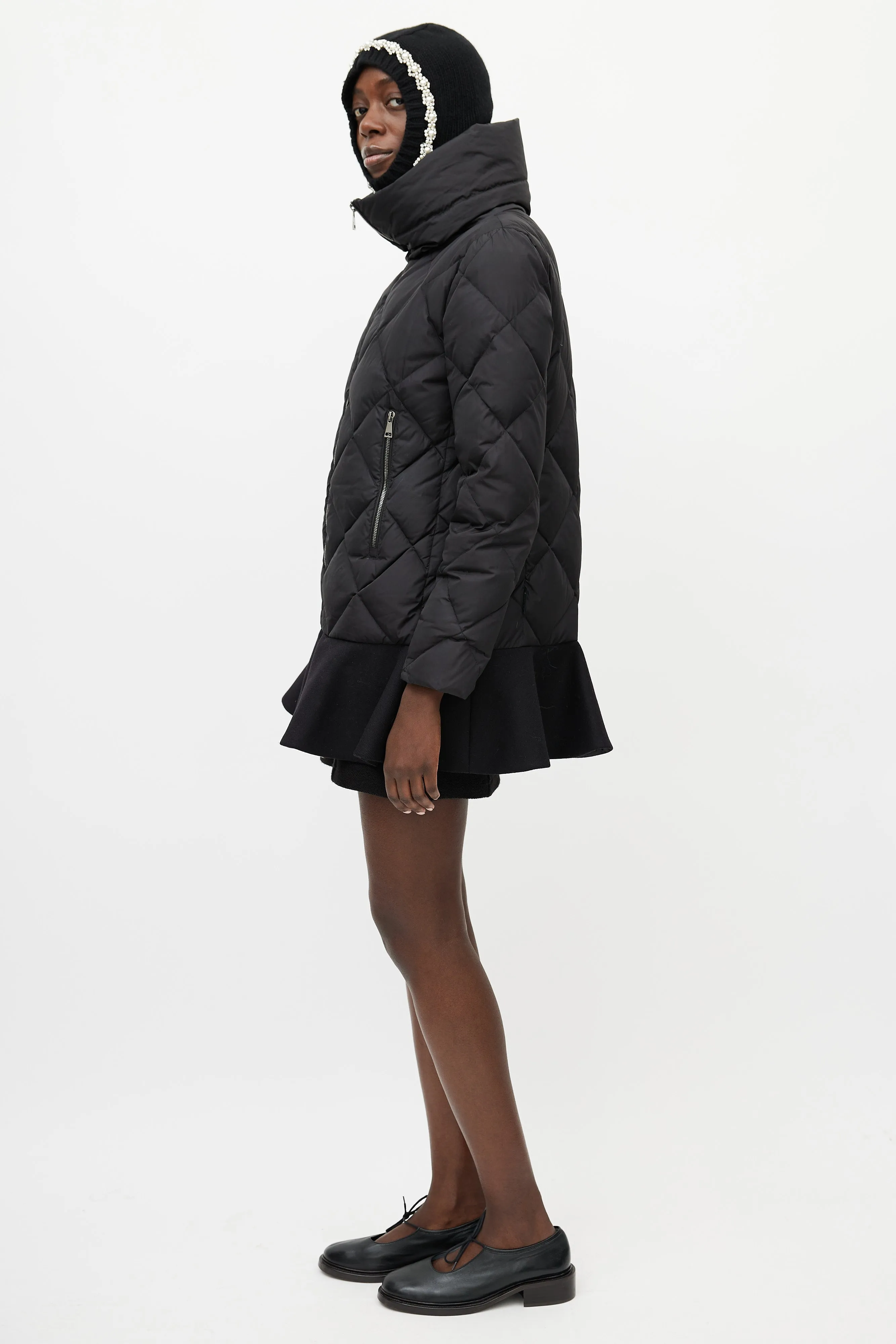 Black Vouglans Down Ruffled Puffer Jacket