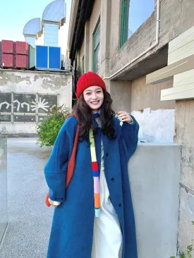 Blue Reversible Cashmere Coat – Chic Korean Petite Woolen Jacket
