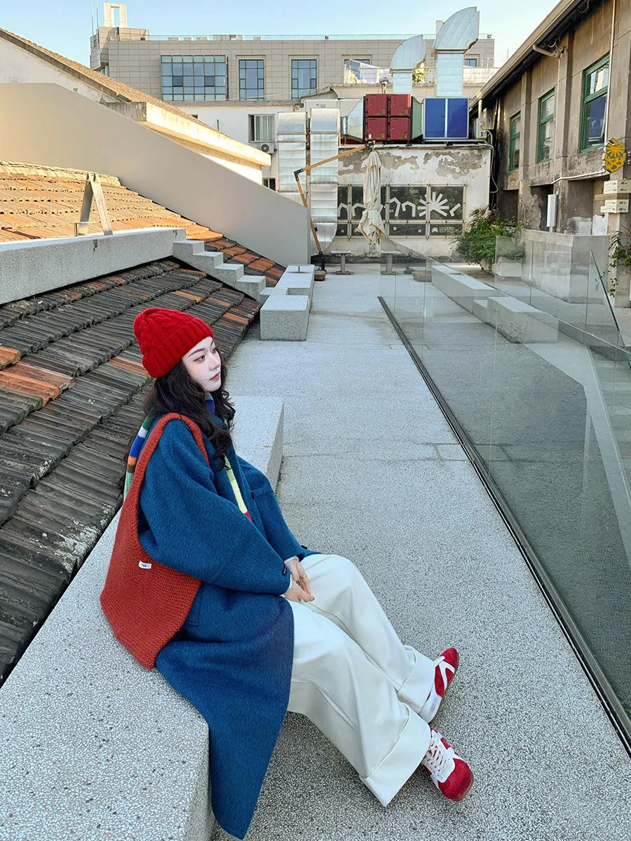 Blue Reversible Cashmere Coat – Chic Korean Petite Woolen Jacket