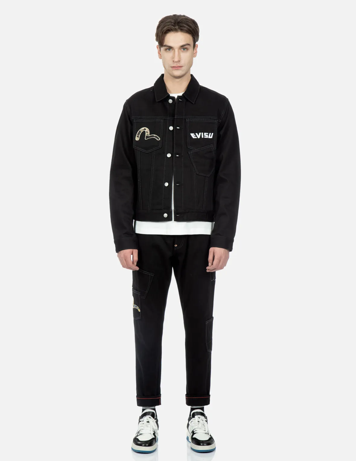 Brocade Pattern Logo and Kamon Embroidered Denim Jacket