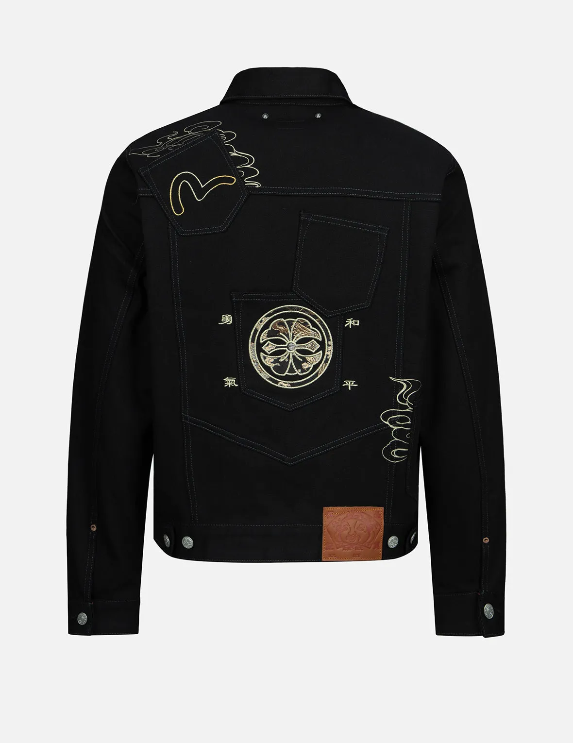 Brocade Pattern Logo and Kamon Embroidered Denim Jacket