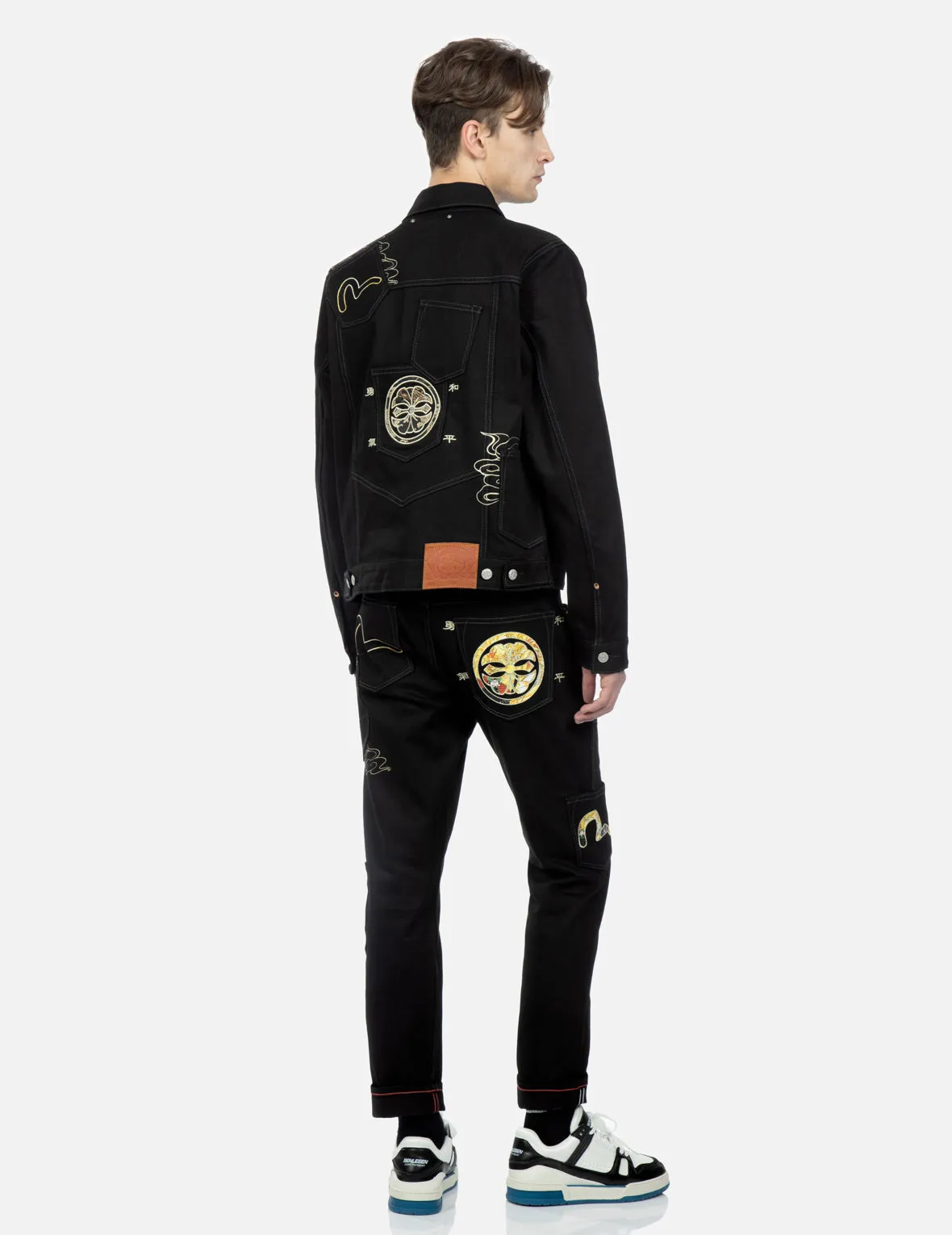 Brocade Pattern Logo and Kamon Embroidered Denim Jacket