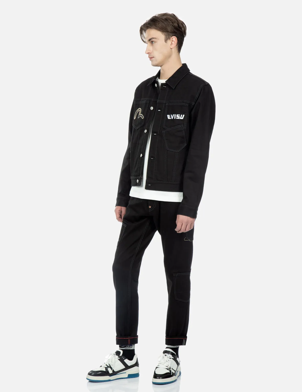 Brocade Pattern Logo and Kamon Embroidered Denim Jacket