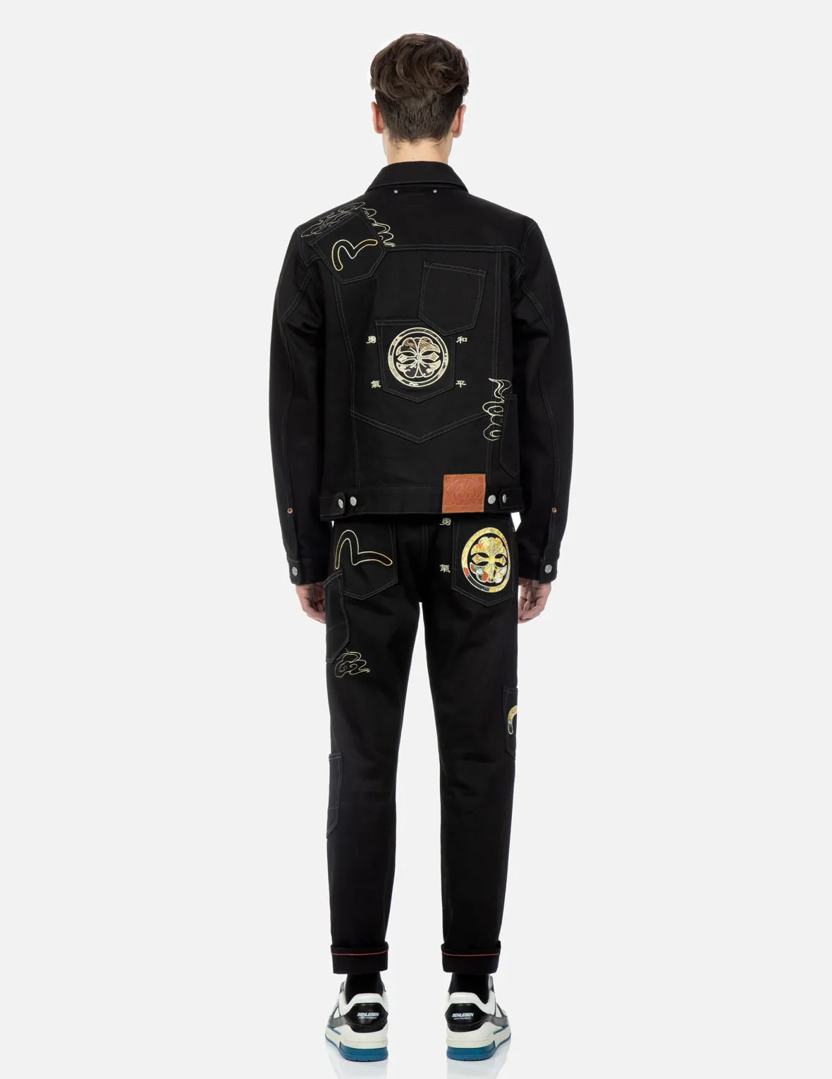 Brocade Pattern Logo and Kamon Embroidered Denim Jacket