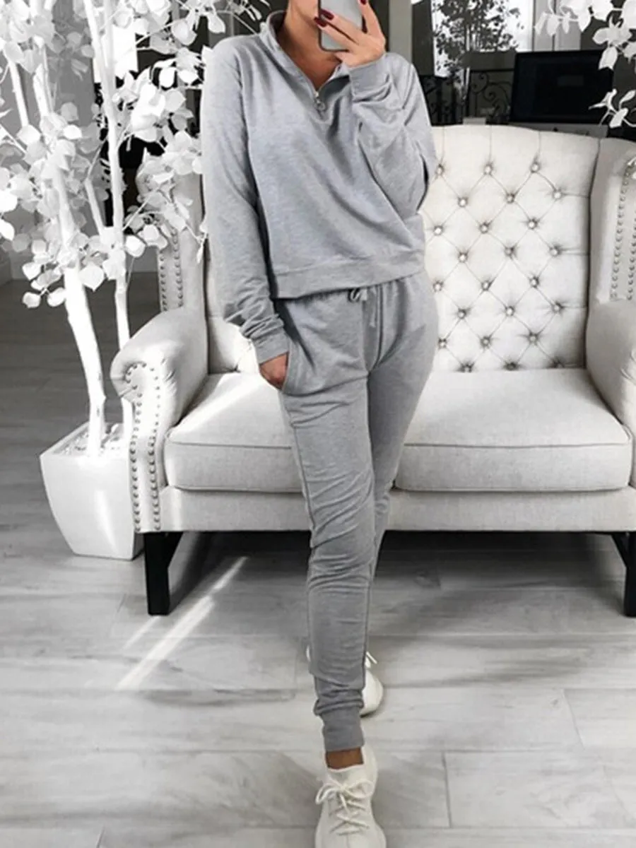 Casual Long Sleeve Loose Solid Color Two-piece Suit