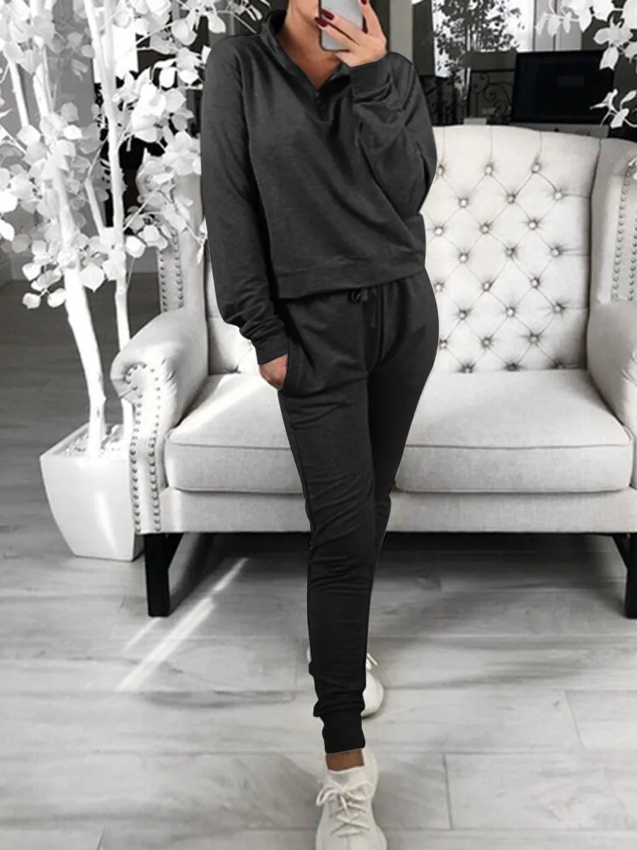 Casual Long Sleeve Loose Solid Color Two-piece Suit