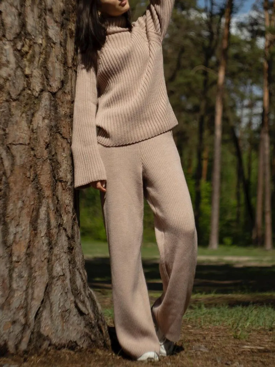 Casual Loose Solid Color High Neck Knitted Two-piece Suit