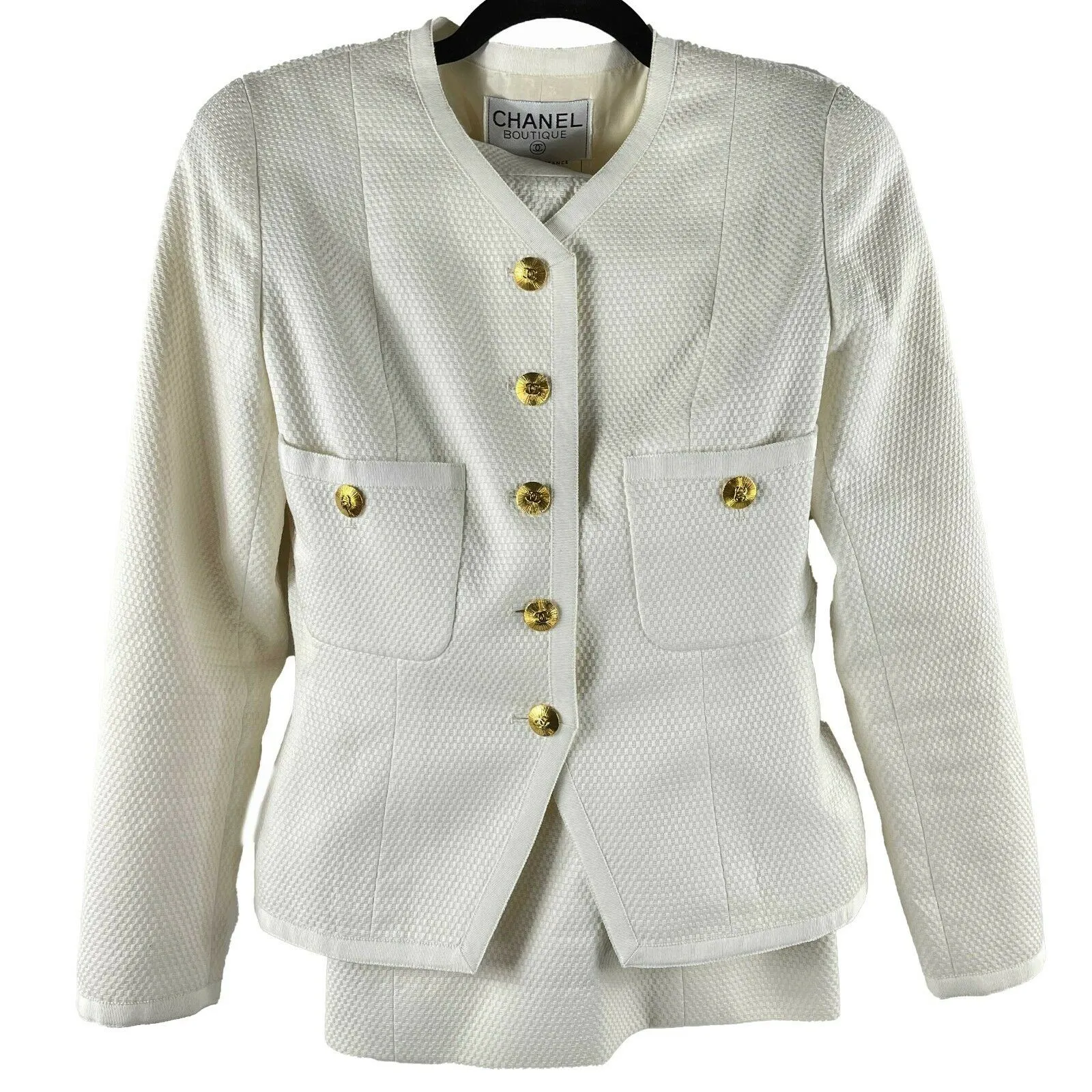CHANEL- Vintage White CC Suit Jacket and Skirt Set - Size 38 - US 6 - 80s 90s
