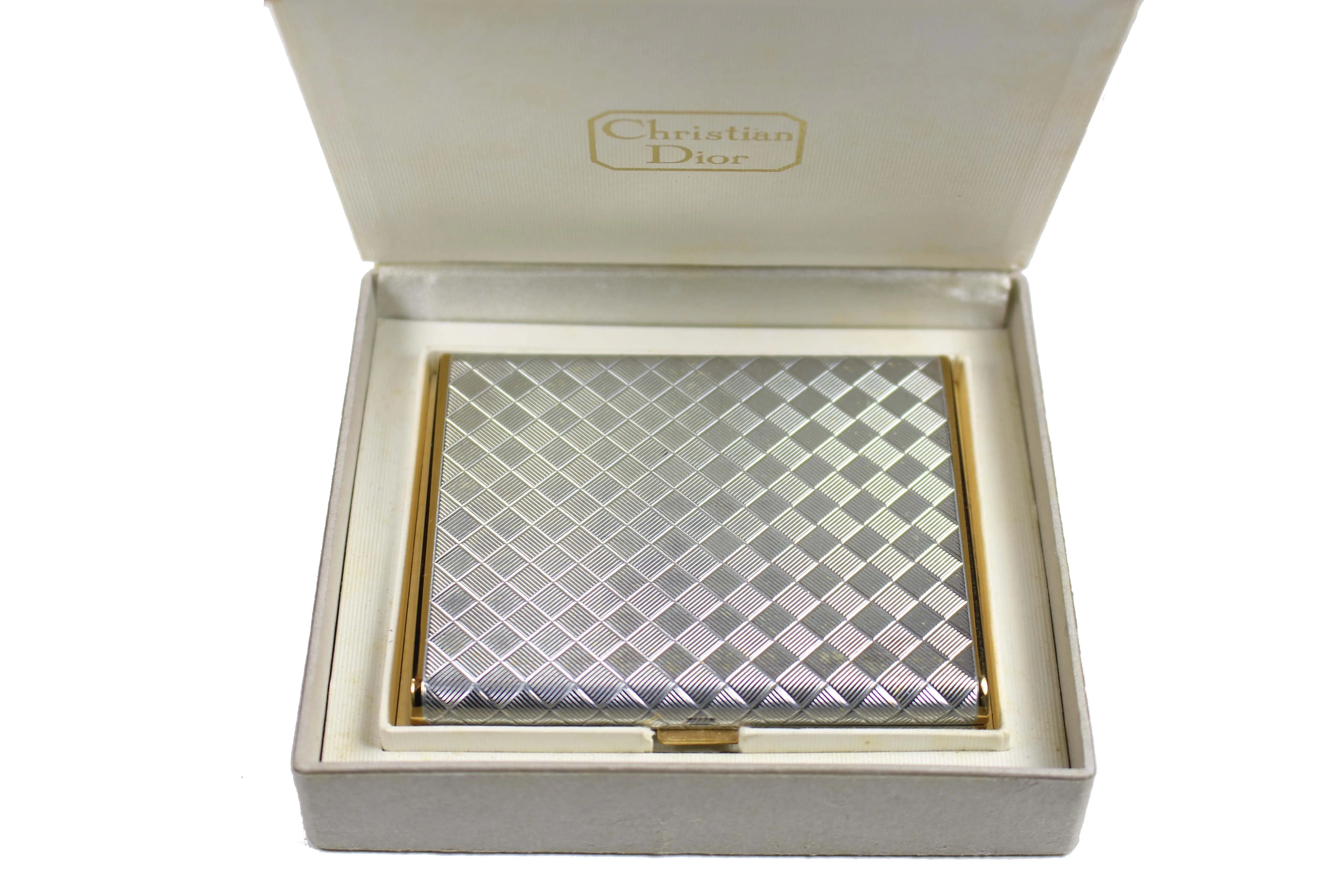 CHRISTIAN DIOR powder compact case checkered silver