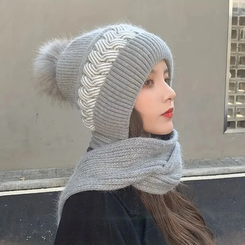 Coldproof Warm Beanie With Pom Classic Hooded Scarf Elastic Knit Hats Warm Beanies